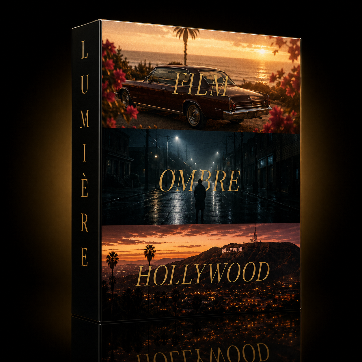 Mockup 3D de la Collection Complète LUMIÈRE — 150 presets Lightroom cinématiques