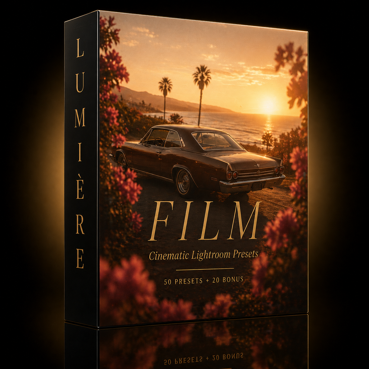 Mockup 3D du pack FILM — 50 presets Lightroom cinématiques