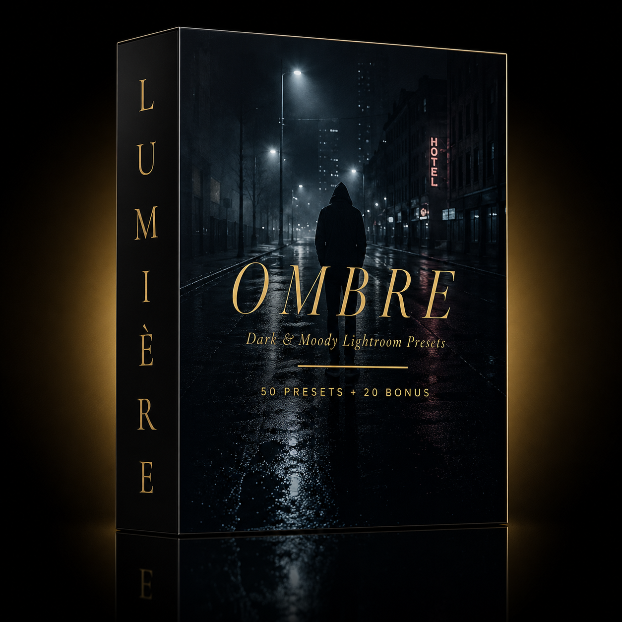 Mockup 3D du pack OMBRE — 50 presets Lightroom cinématiques